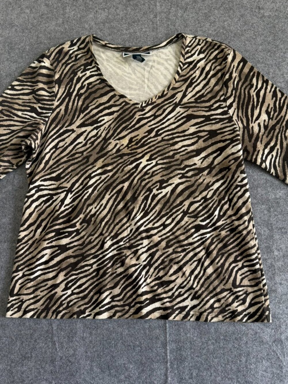 Karen Scott Zebra Animal Print V-Neck Top Women's XL 3/4 Sleeve Brown Blouse